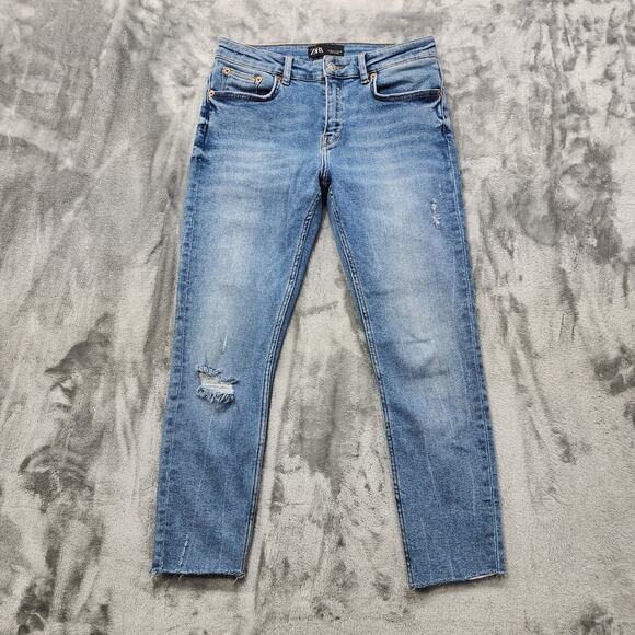 Zara Jeans Womens 8 Blue Distressed Mid Rise Crop Skinny Raw Hem Stretch Denim - Picture 1 of 13